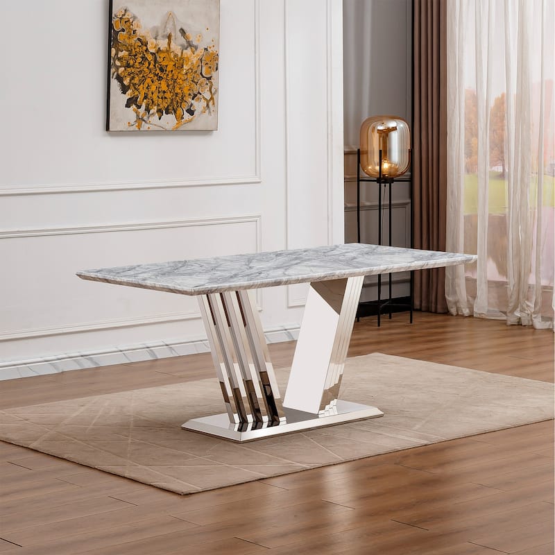 70'' Rectangle Faux Marble Dining Table with Mirrored Finish Stainless Steel Base - Grey+Silver