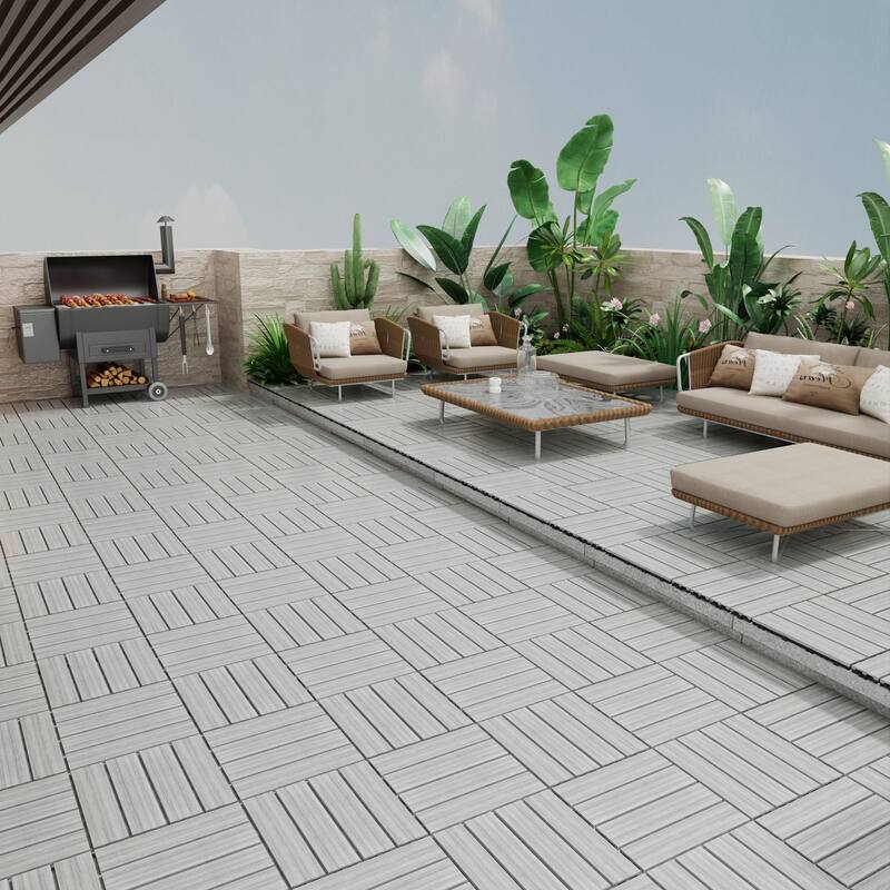 Patio Floor Tiles Pack of 22 WPC Wood-Plastic Composite Patio Deck Tiles DIY Interlocking Decking Tiles-11.8" ASH