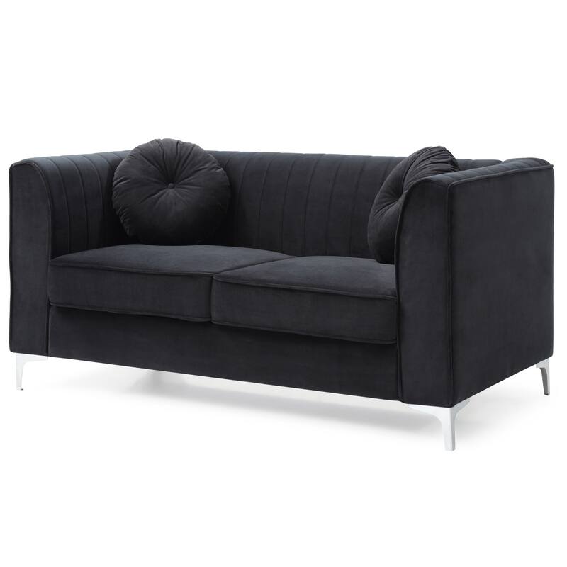 Velvet Microsuede Channel Tufted Loveseat with Throw Pillows - 65" - Black