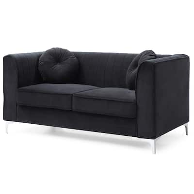 Velvet Microsuede Channel Tufted Loveseat with Throw Pillows - 65" - Black