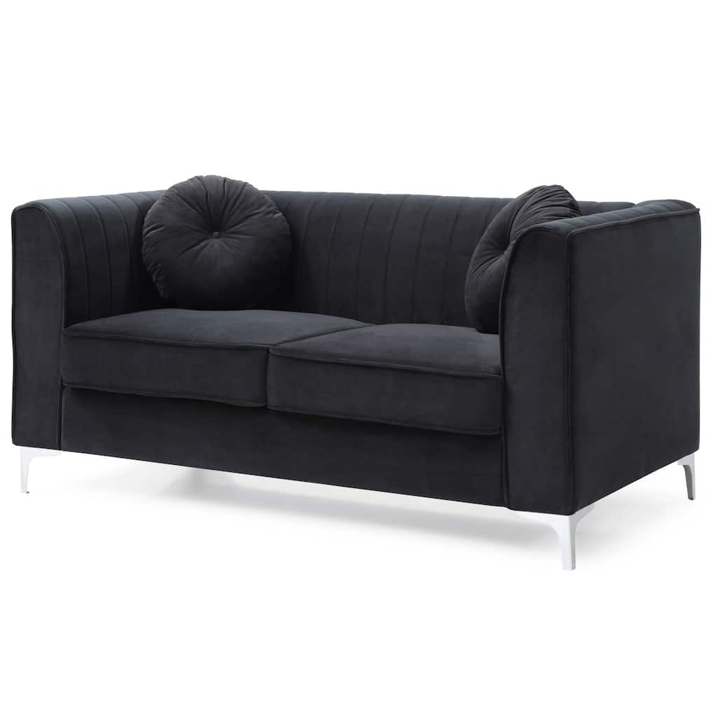 Velvet Microsuede Channel Tufted Loveseat with Throw Pillows - 65" - Black