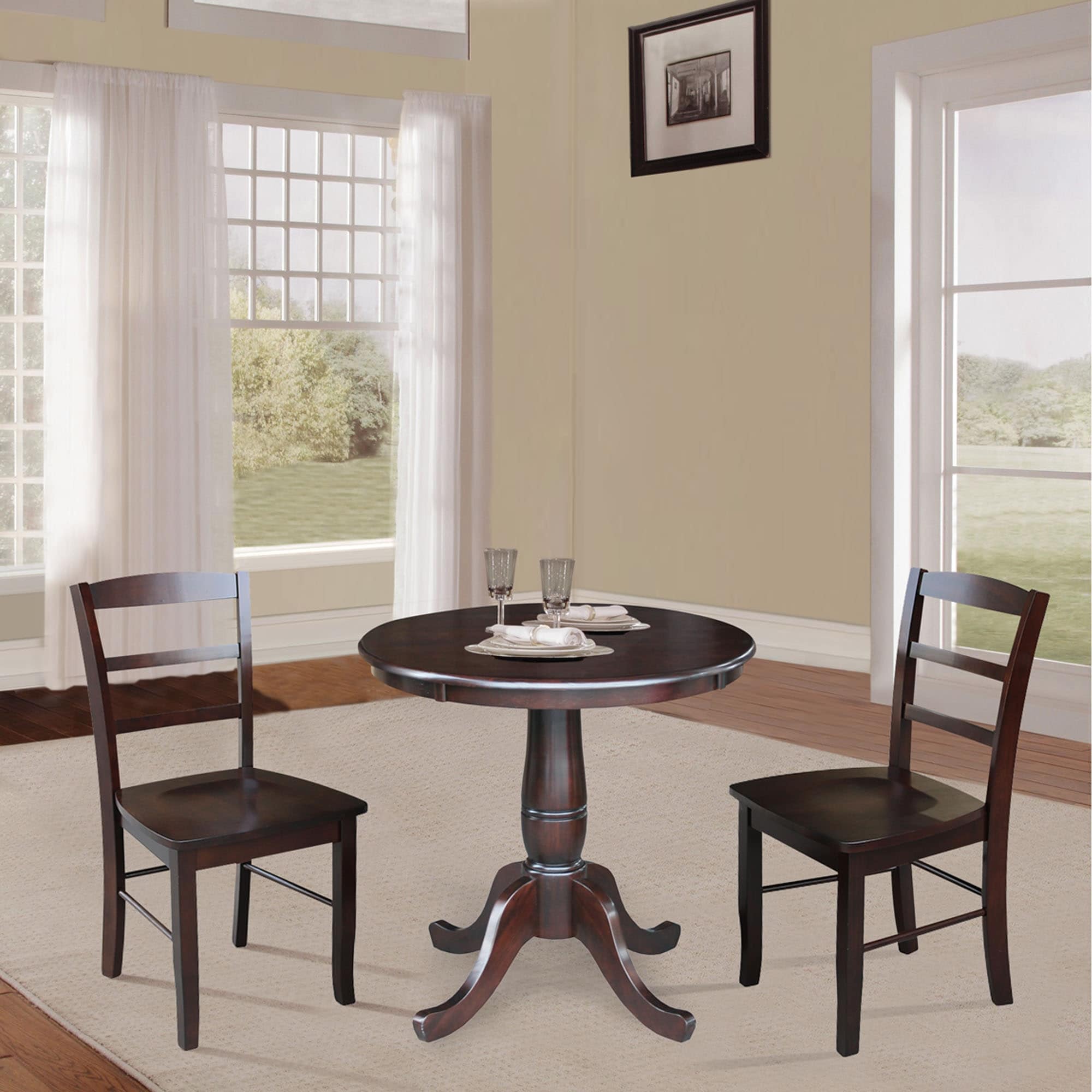 30" Round Pedestal Dining Table with 2 Madrid Ladderback Chairs - 3 Piece Dining Set