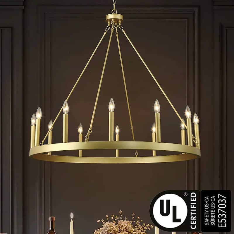 Mid-century Modern 12-light French Country Gold Candle Wagon Wheel Chandelier - 40'' D x 138'' H