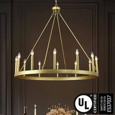Mid-century Modern 12-light French Country Gold Candle Wagon Wheel Chandelier - 40'' D x 138'' H