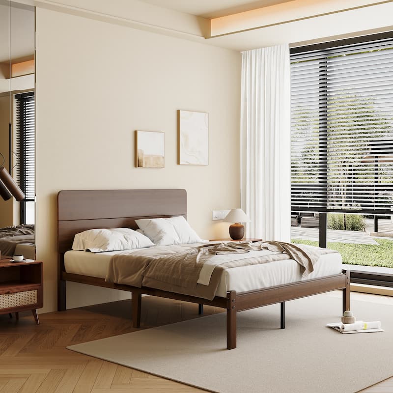 Walnut-colored solid wood and bamboo bed frame with headboard, easy to assemble, no box springs required - Natural - Full
