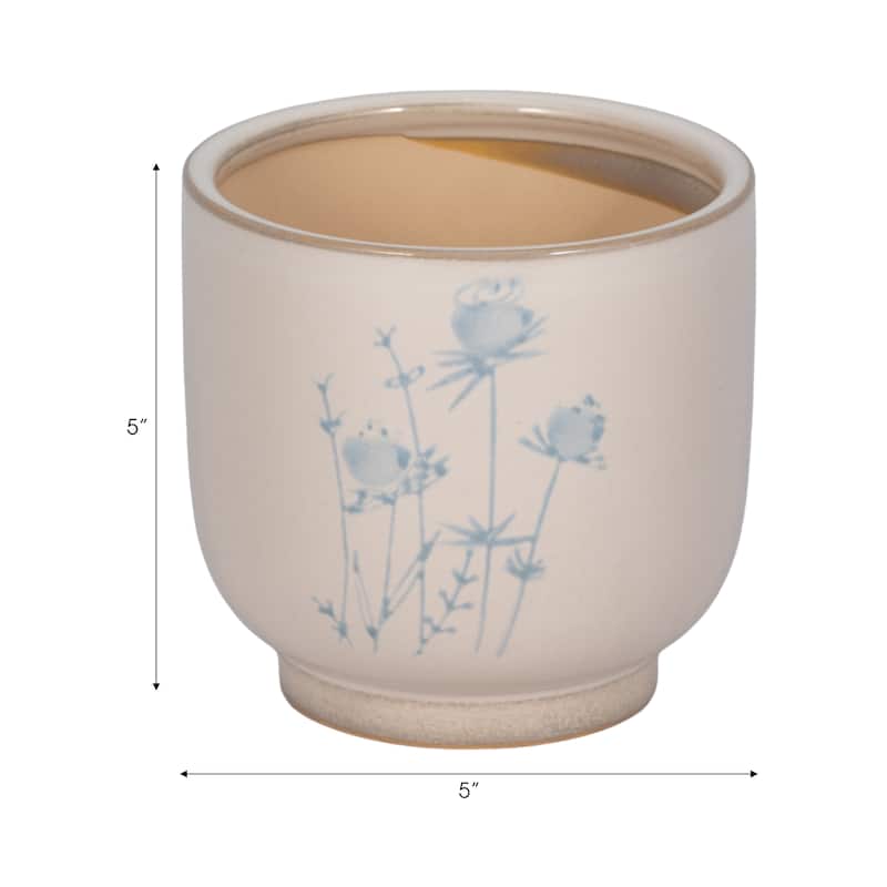 Sagebrook Home Stoneware Planter 5-Inch Ivory/Blue Enchanting Blue Flowers Design - 5" x 5" x 5"
