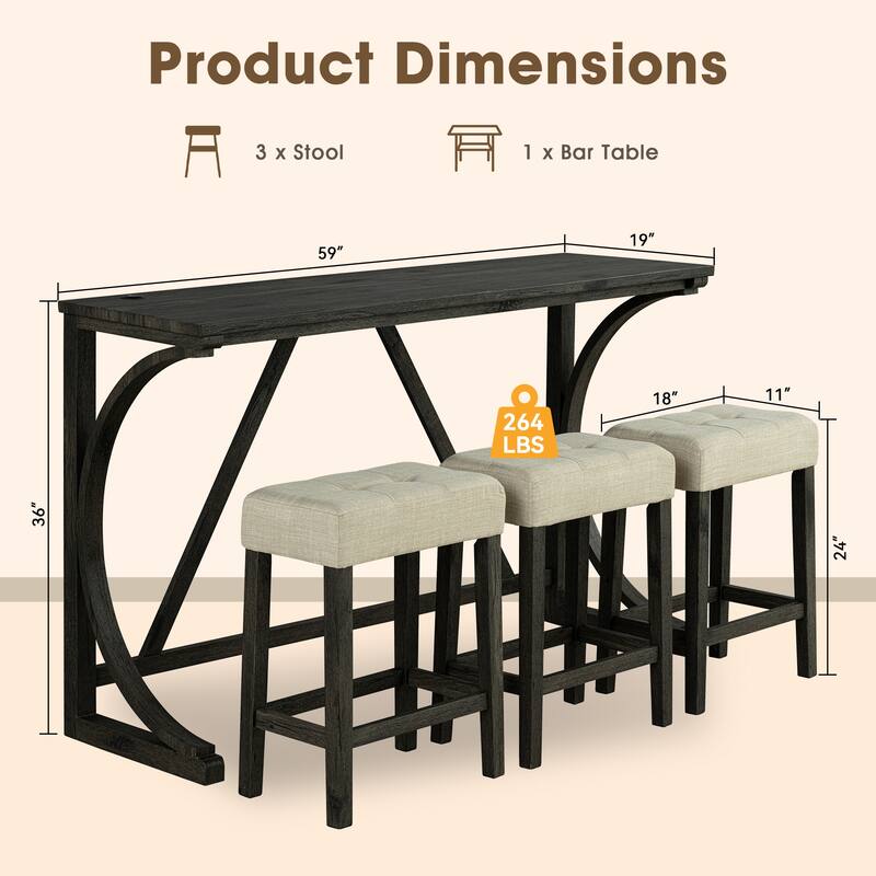 Brown Kitchen Counter Height Dining Table Set with 3 Upholstered Stools
