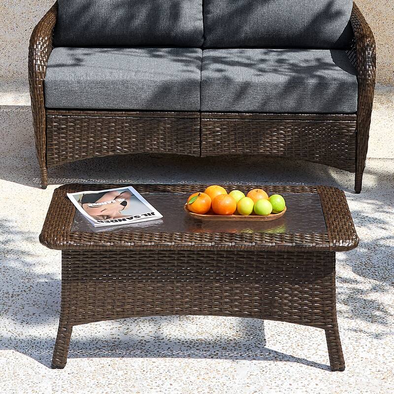 Rectangular Wicker Outdoor Coffee Table With Glass Top