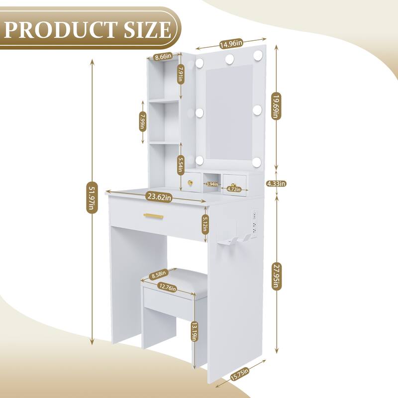 Compact Vanity Table Makeup Vanity Desk Set with Stool, Power Outlet & Hairdryer Holder