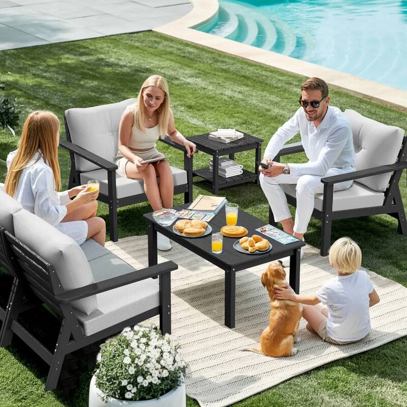 6-Piece HDPE Patio Conversation Seating Set with Cushions - 6-Pieces