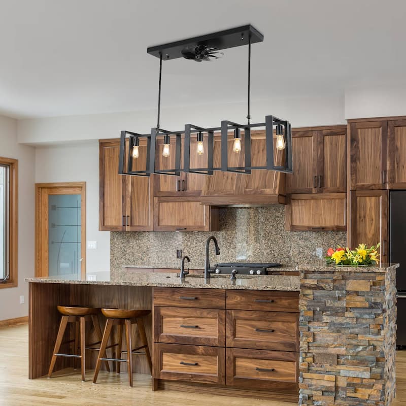 Cusp Barn 47 Inch Modern Ceiling Fan, Rustic Cube Pendant Light with 5 Light, Farmhouse Linear Hanging Lamp for Dining Room