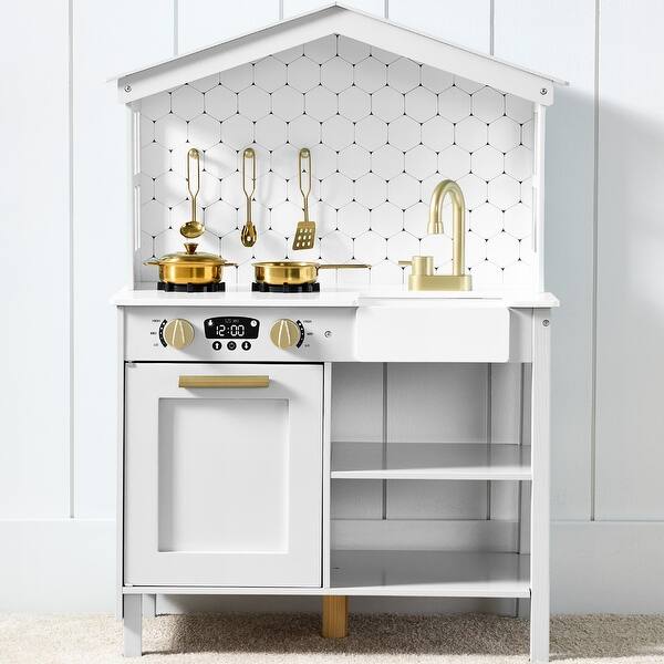 slide 2 of 5, Pretend Play Wooden Farmhouse Kitchen Set w/ Storage, 5 Accessories