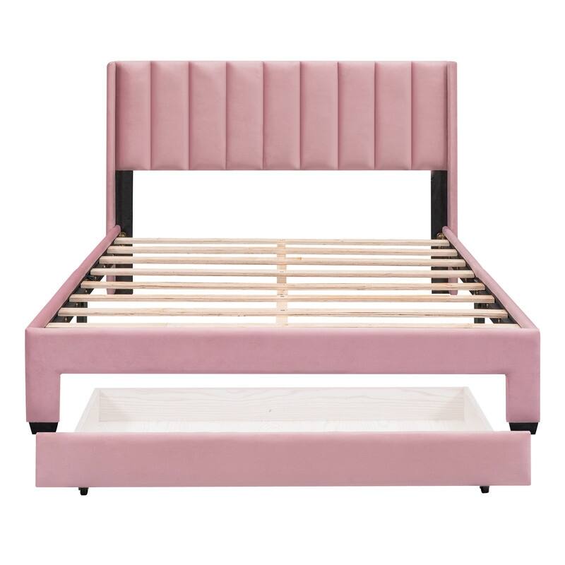 Queen Size Storage Bed Velvet Upholstered Platform Bed with a Big Drawer