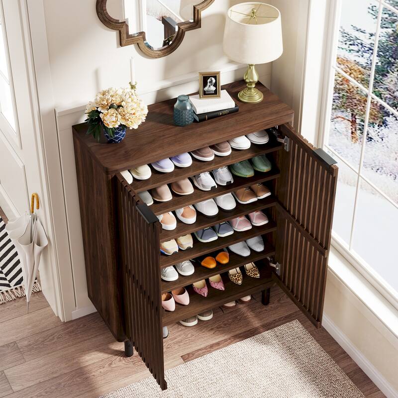 Wooden Shoe Cabinet with Shutter Doors, Adjustable Shelves Large Hidden Storage Organizer Rack for Entryway Hallway