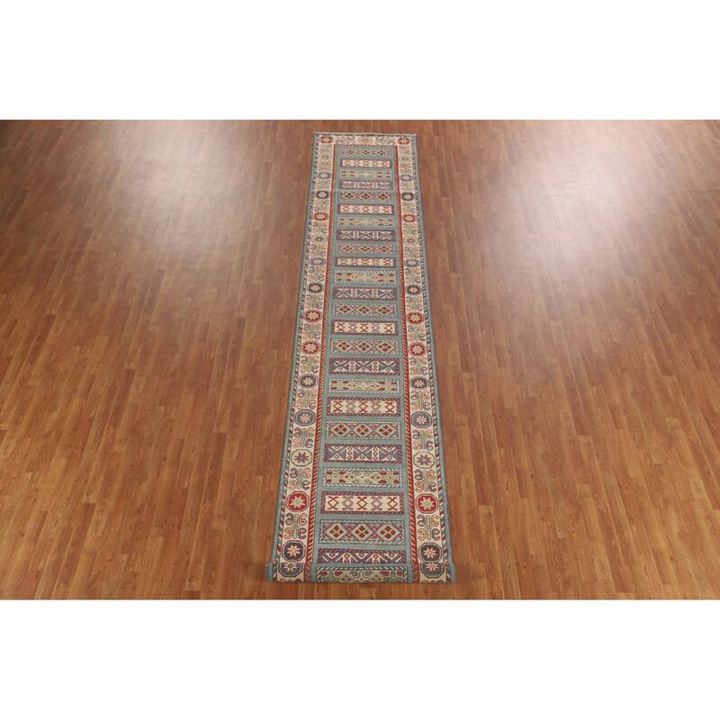 Light Blue Traditional Kazak Runner Rug Hand-Knotted Wool Carpet - 3'1" x 16'5"