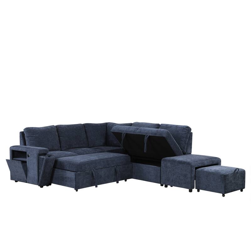 Convertible L-Shaped Sofa Couch with Storage Space, USB Charging Ports, Cup Holders, Sleeper Bed for Modern Living Rooms