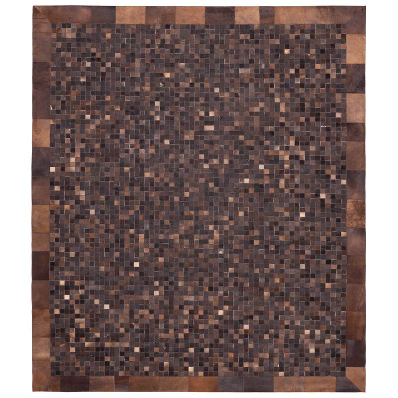 ECARPETGALLERY Handmade Cowhide Patchwork Dark Brown Leather Rug - 8'1 x 10'0