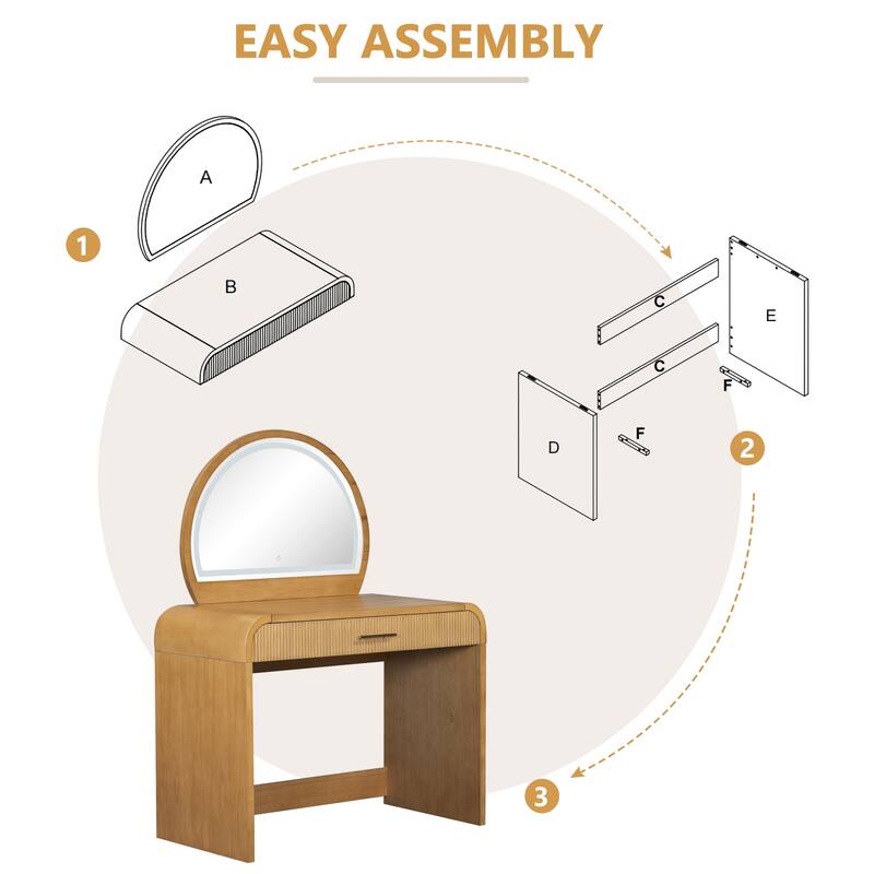 39" Makeup Vanity Desk Bedroom Dressing Table with Curved Touch LED Light Makeup Mirror