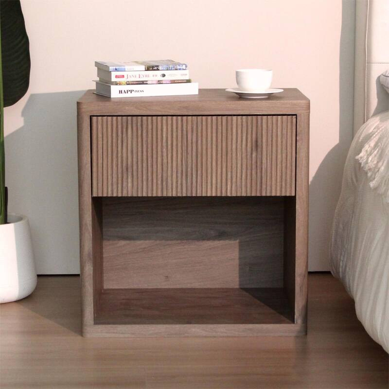 Nightstand with Drawer Storage Fluted Bed Side Table, Large Modern Wide Bedside Stand Mid Century Night Stands