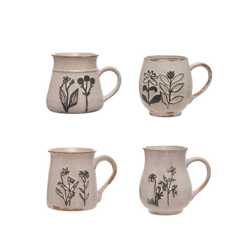 Stoneware Mug with Reactive Glaze and Various Mug Shapes - 5.3"L x 4.0"W x 4.0"H - 4 Piece - 5.3"L x 4.0"W x 4.0"H - Cream