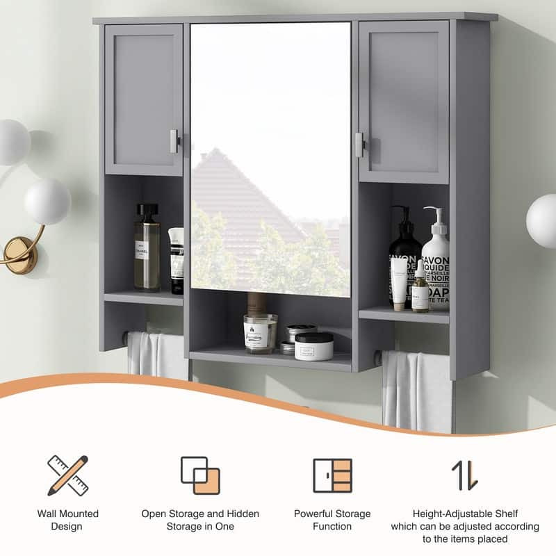 35" x 28" Modern Bathroom Mirror Cabinet with Towel Bar - Wall Mounted Storage & Vanity Mirror