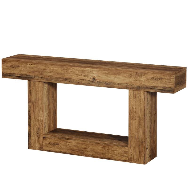 63" Farmhouse 2-Tier Rustic Console Table with Storage Shelf & U-Shaped Gray Base