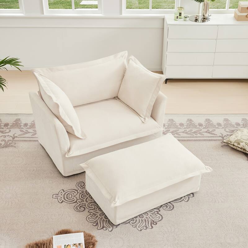 Chenille Slipcovered Deep Seat Armchair with Ottoman & Large Soft Pillows
