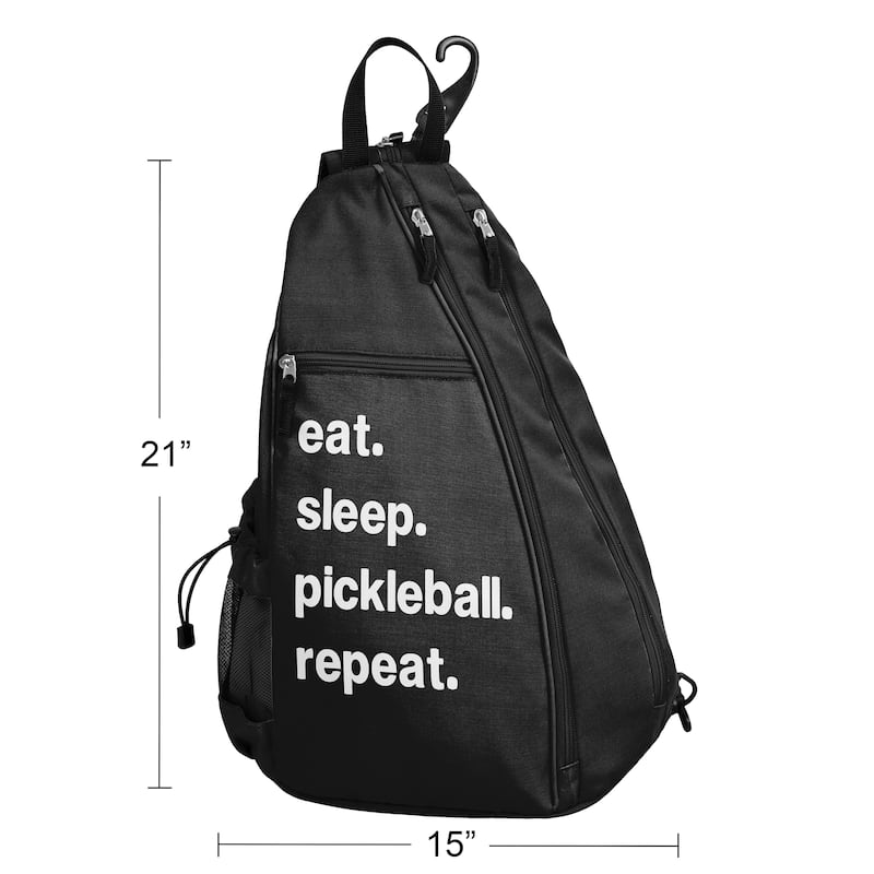 Sweet Jojo Designs Black Pickleball Bag Sling Backpack Crossbody - Sports Pun Funny Quote Sayings Eat Sleep Pickleball Repeat
