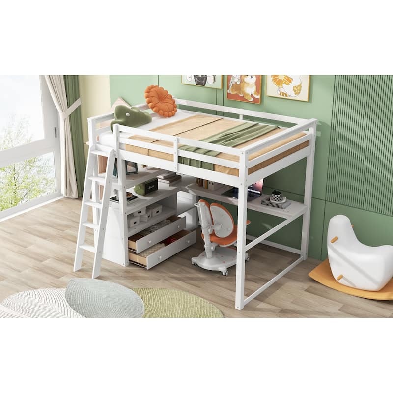 Loft Bed with Desk and Shelves, 2 Built-In Drawers