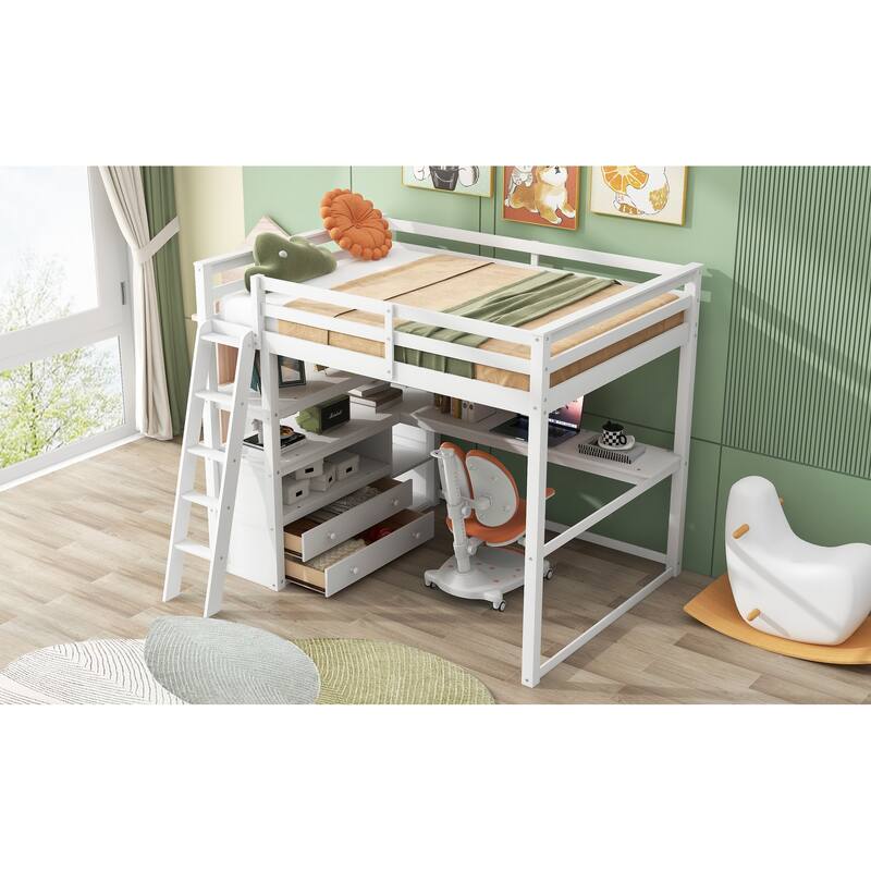 Twin Size Loft Bed with Desk, Shelves, and Drawers for Space Saving