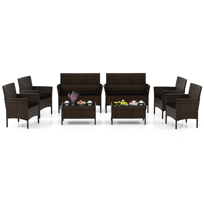8 PCS Outdoor Rattan Conversation Set Patio Wicker Furniture Set - Black