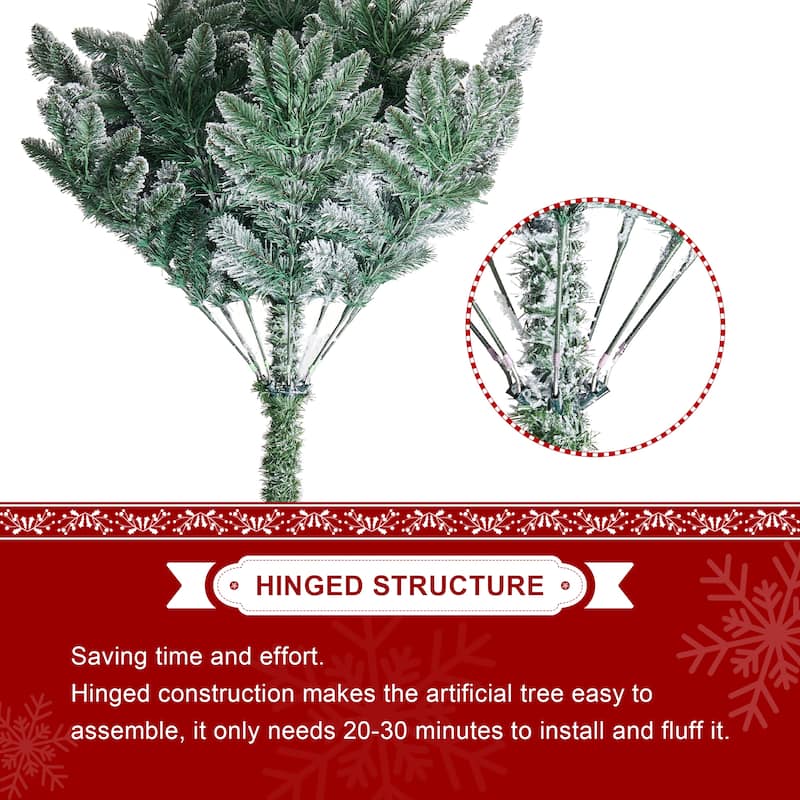 Glitzhome 6ft/9ft Pre-Lit Flocked Artificial Pine/Spruce Christmas Tree 300 Warm White Lights