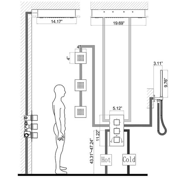 LED 4-Way Complete Rain and Waterfall Shower System with 3 body Jets and High-pressure Handheld, Ceiling Mounted