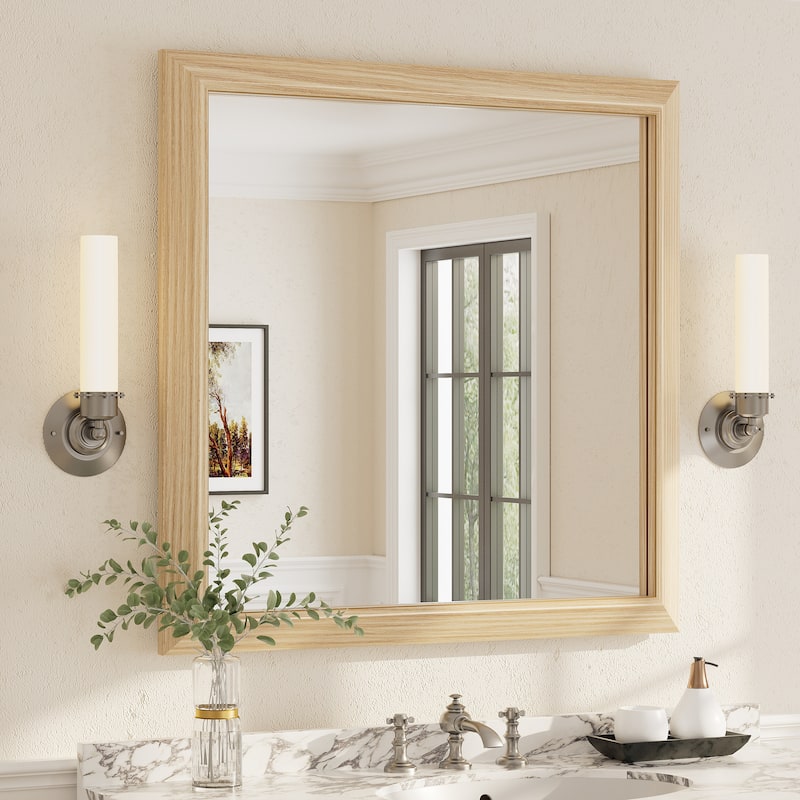 Beveled Metal Rectangle Framed Bathroom Vanity Tempered Glass Mirrors - 36" x 36" - Light Brown