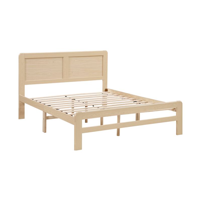 Contemporary Natural Finish Full Size Platform Bed Frame with Headboard, No Box Spring Needed