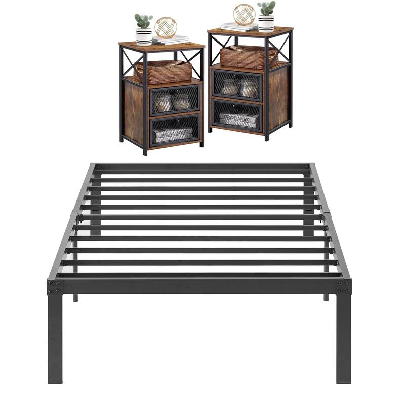 3 Piece Bedroom Set, 14.2-Inch Metal Bed Frame with Nightstand set of 2 - Brown - Twin