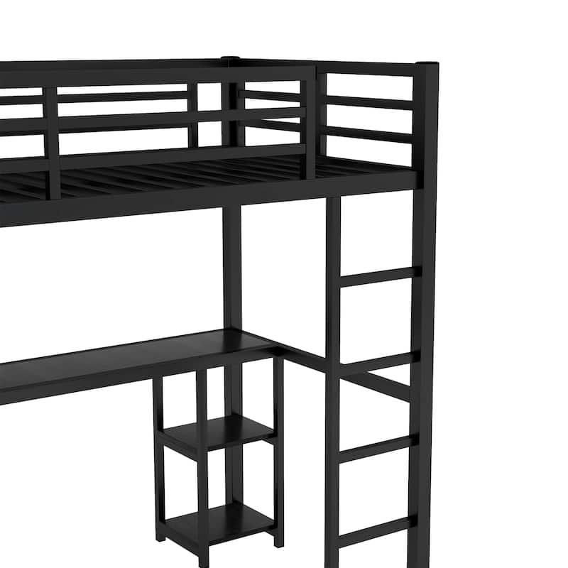 GDFStudio - Sandy Loft Bed Frame with Built-in Wardrobe, Metal Loft Bed with Desk and Storage Shelves