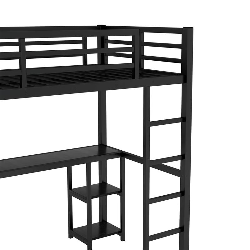 Roomfitters Twin/Full Metal Loft Bed Frame with Built-in Wardrobe, Desk & Storage Shelves, Space-Saving Design, Black