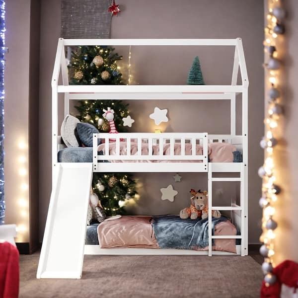 slide 2 of 14, Twin Over Twin Bunk Bed with Slide, House Bed with Slide White