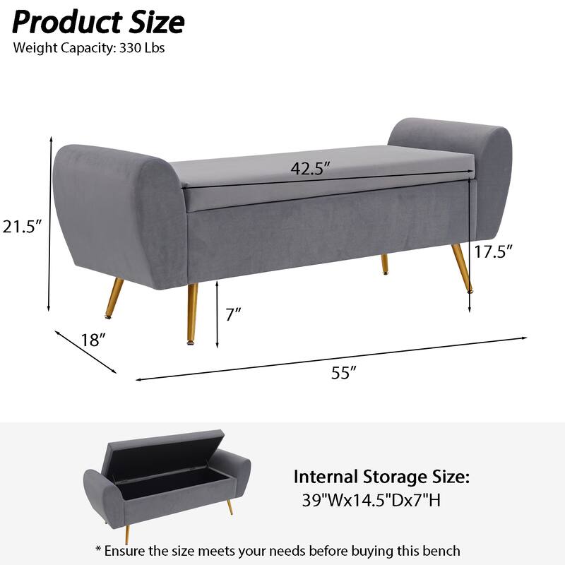Upholstered 55"W Flip Top Storage Bench Bedroom Bench Modern End of Bed Bench for Entryway Hallway Window with Gold Legs