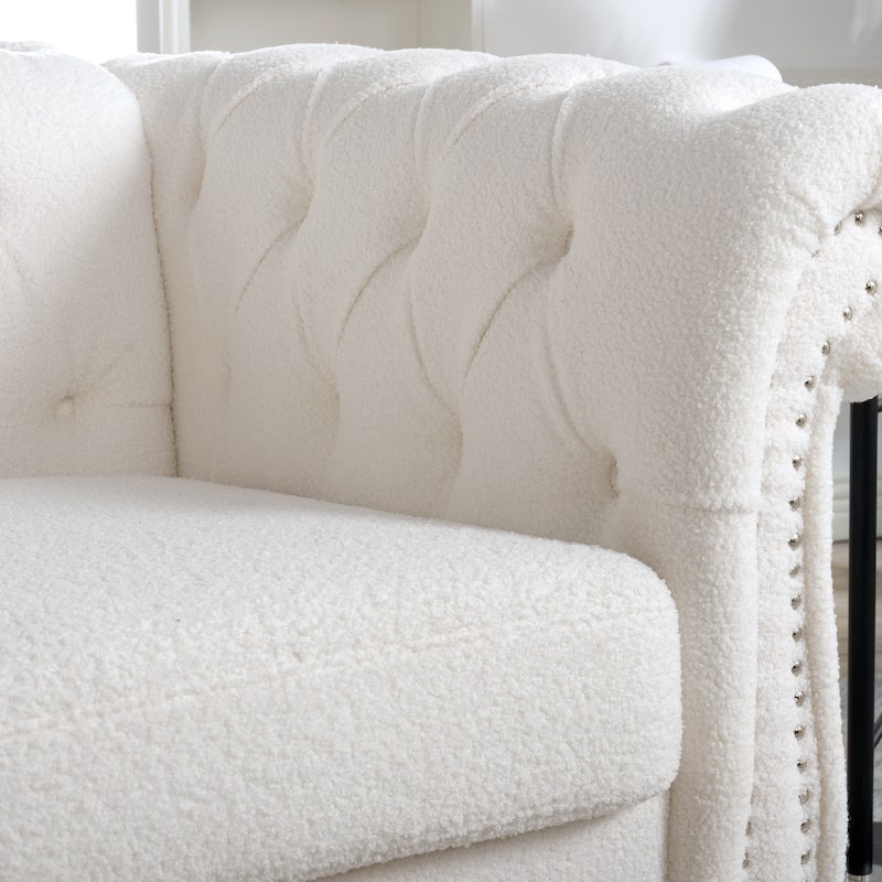 White Teddy Modern 38.98" Upholstered Buttons Tufted Accent Chair with Gourd Shaped Birch Legs and Nailheads