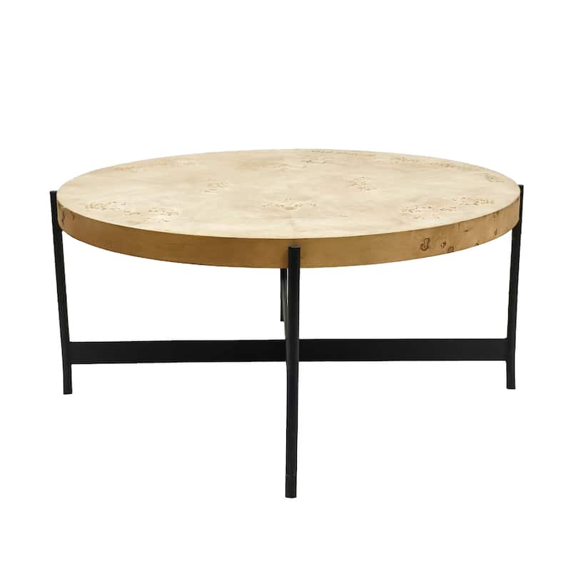 Sevita Eliana Round Burl Wood & Black Metal Coffee Table, 36" L x 36" W x 18" H - 36" Diameter x 18" H