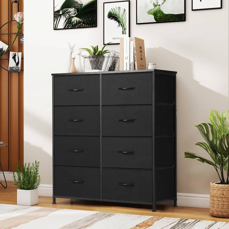 Dresser for Bedroom with 8 Drawers, Anti-Tip Tall Fabric Chests Storage Organizer Tower Furniture with Wooden Top Metal Frame - Black