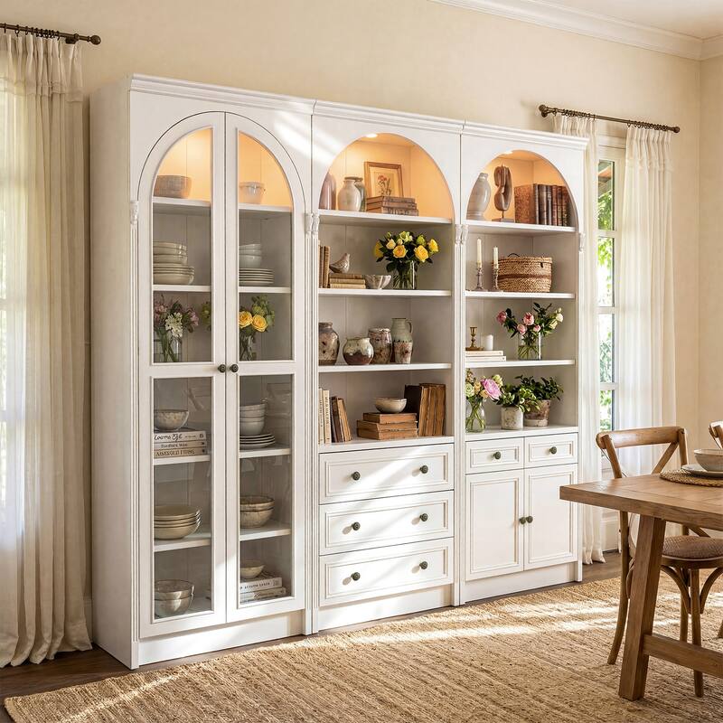 Modular White Bookcase with LED Lights & Glass Doors, 86.6" Tall Arched Display Cabinet Solid WoodStorage Cabinet