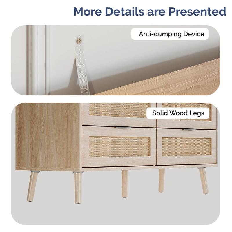 Oak 15MM P2 Density Board Solid Legs Real Rattan 47.2in 6-Drawer Cabinet