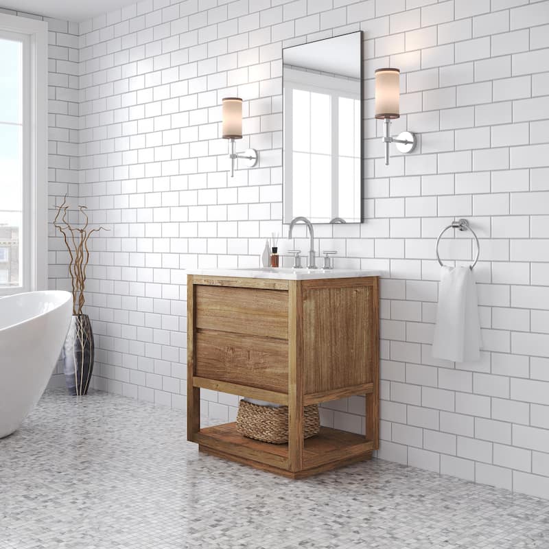 Oakman Mango Wood Carrara White Marble Countertop Bath Vanity with Faucet