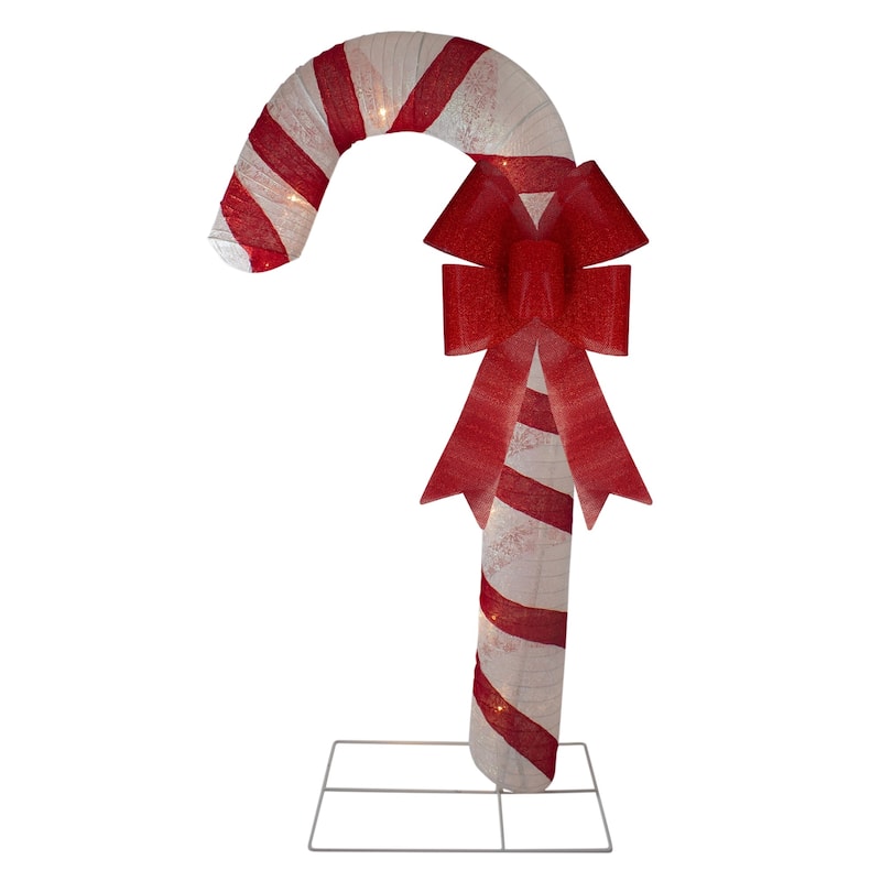 96" Pre-Lit Striped Glitter Candy Cane with Bow Christmas Outdoor Commercial Decoration
