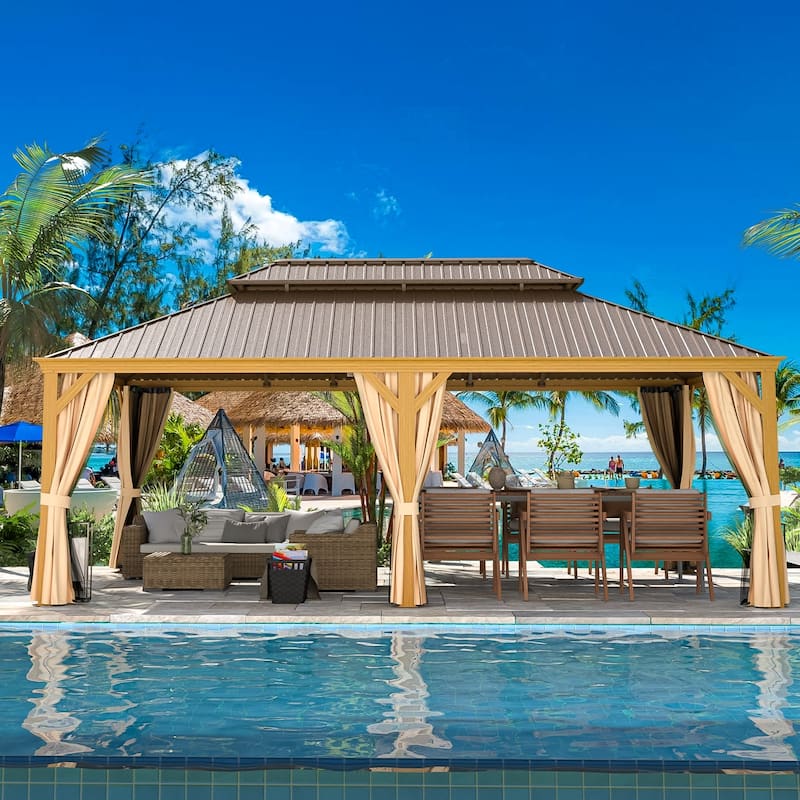 Outdoor Galvanized Steel Roof Gazebo Pergola w Wooden Coated Alumninum Frame, Privacy Curtains and Nettings Include