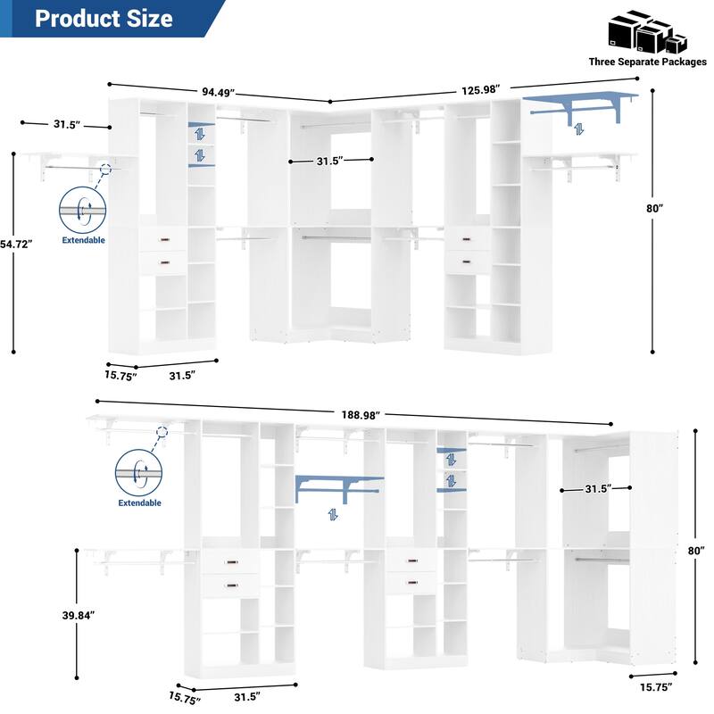 Rackcog 95'' - 188'' Closet System with Hanging Rods, Set of 3 Corner Closet Organizer with Drawers and Shelves
