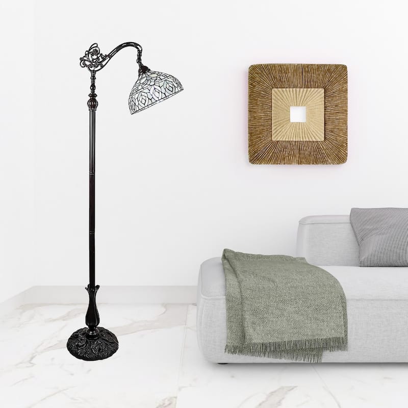 Brown Metal Torchiere Floor Lamp with White Peacock Glass Shade - 12” x 12” x 62” (D x W x H)